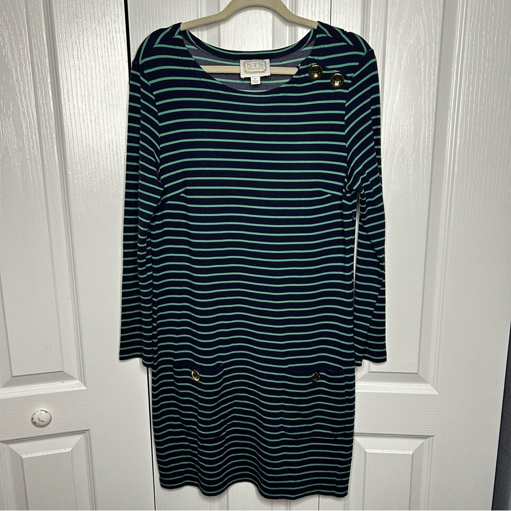 Sail to Sable Navy Blue Green Striped Long Sleeve Dress Gold Buttons Medium Flaw